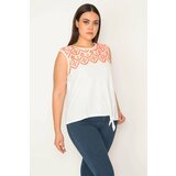 Şans Women's Plus Size White Hole Work Embroidery And Waist Laced Detail Blouse cene