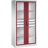 C+P Omara s krilnimi vrati z akrilnim steklom, VxŠxG 1950 x 930 x 500 mm, 3 police, 3 predali, svetlo sive / rubinasto rdeče barve | Shoptok.si