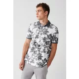 Avva Men's Anthracite 100% Cotton Floral Printed Standard Fit Regular Cut 2 Button Polo Neck T-shirt