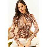 Olalook Women's Brown Cream Roba Decollete Lycra Knitted Viscose Blouse Cene