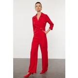Trendyol Red Belted Double Breasted Long Woven Jumpsuit