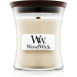 WoodWick Linen dišeča sveča z lesenim stenjem 85 g Cene