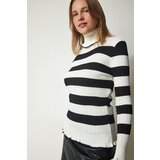 Happiness İstanbul Women's Ecru Black Turtleneck Ruffle Striped Knitwear Sweater Cene