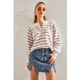 Bianco Lucci Women's Buttoned Collar Turtleneck Striped Knitwear Sweater Cene