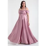 Lafaba Women's Pale Pink Stone Strap Draped Plus Size Long Evening Dress