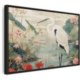  Slika - By an Asian pond - an illustration in the style of a Japanese engraving depicting a heron 120x80 U crnom drvenom okviru | shoptok.hr