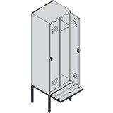 C+P garderobna omara s klopjo classic plus, 2 dela, svetlo sive / sive barve, š 600 mm, varnostni vrtljivi zapah, lebdeča klop, bukov les | Shoptok.si