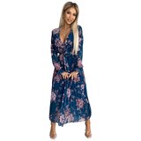 numoco basic Numoco pleated chiffon long dress with neckline, long sleeves and belt | Shoptok.si