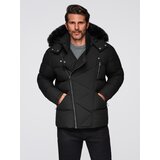 Ombre Men's quilted jacket with cut of ramoneski with hood - black Cene