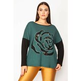 Şans Women's Plus Size Green Two-tone Tunic With A Flocked Pattern And Stones Detail Cene