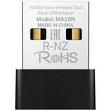 Mercusys MA20N AC650 Nano Wi-Fi USB Adapter, 200 Mbps at 2.4 GHz + 433 Mbps at 5 GHz, 1× Internal Antenna, USB 2.0, Nano Size, W | Eponuda.ba