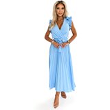 Numoco Pleated midi dress with a neckline and delicate ruffles Cene