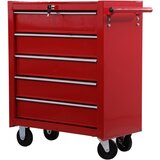 HOMCOM Voziček za orodje s 5 predali, ključavnico, 2 ključa in odstranljivim stenskim ročajem 2 kolesi z zavoro EVA pločevina rdeča 67,5x33x77cm, (20745463) | Shoptok.si