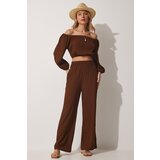  Women's Brown Carmen Collar Crop Blouse, Pants Linen Suit | Eponuda.ba
