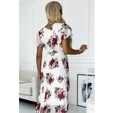 numoco basic 434-8 LISA Pleated midi dress with a neckline and frills - burgundy roses | Shoptok.si