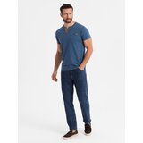 Ombre Men's T-shirt with button neckline and suede trim - dark blue | Shoptok.si