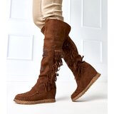 Gemre Dark caramel wedge boots with fringes Cascia | Shoptok.si