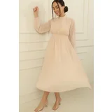 By Saygı High Neck Pleated Sleeves Elastic Lined Chiffon Dress