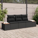 vidaXL 3-delna zunanja sofa s blazinami, črna, poli ratan, akacija | Shoptok.si