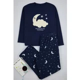 Trendyol Curve Navy Blue Galaxy Patterned Fleece Knitted Pajama Set