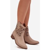 Boto Zazoo 3404 Perforated Cowboy Ankle Boots With Low Heel Leather Dark Beige | shoptok.hr
