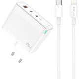 adapter hišni polnilec 220V Gun QC 100W vhod 1x USB A (22,5W) in 2x Type C (1x 65W + 1x 35W) + kabel Type C - Lightning -