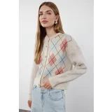Trendyol Stone Soft Textured Diamond Patterned Jacket-Looking Knitwear Cardigan
