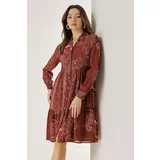 By Saygı Front Buttoned Shawl Patterned Pleated Viscose Crepe Dress