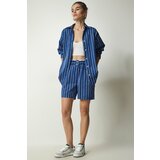 Happiness İstanbul Women's Blue Striped Satin Surface Shirt Shorts Set cene