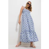 Trend Alaçatı Stili Women's Blue Strap Skirt Flounce Floral Pattern Gimped Woven Dress