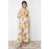 Trendyol Yellow Floral Patterned Cotton Woven Dress with Flared Skirt Cene