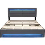 Lumor Postelja s predalom 140x190 cm iz umetnega usnja – z LED in žičnim + brezžičnim polnjenjem – siva, (22151182) | Shoptok.si