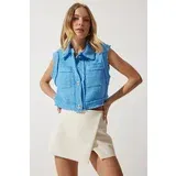 Happiness İstanbul Women's Blue Stylish Buttoned Patterned Crop Tweed Vest