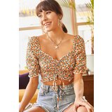 Olalook Women's Ecru Orange Gipe Front Pleated Woven Viscose Blouse Cene
