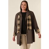 By Saygı Lined, Zippered Pocket, Scarf With Accessories Plus Size Bondit Coat Brown. Cene