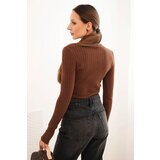 Kesi Włoski Women's ribbed dress with a turtleneck and decorative buttons burgundy | Shoptok.si