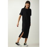 Happiness İstanbul Women's Black Crew Neck Knitted Ribbed Dress Cene