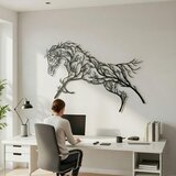 Wallxpert metalni zidni ukras 5570, konj u skoku od grana drveća, 100 x 53 cm, crni Cene