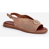 Boto Ladies Sandals With Decoration On Flat Heel Eco Suede Dark Beige Ralisses | shoptok.hr