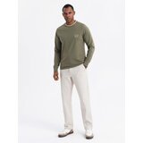 Ombre Men's cotton longsleeve with U neckline with stripes and embroidery - olive | ePonuda.com