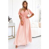 numoco basic 545-4 Long dress with pleated neckline and tie - peach color | Shoptok.si