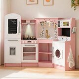 Ginger Home Velika kutna dječja drvena kuhinja s tekućom vodom, svjetlom i zvukom, ružičasta, 134x80x99 cm | shoptok.hr