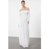 Trendyol White A-Cut Carmen Neckline Tulle Long Evening Evening Dress