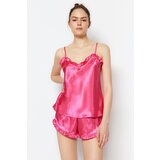 Trendyol Fuchsia Ruffled Rope Strap Satin Woven Pajama Set