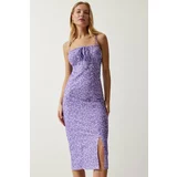 Happiness İstanbul Women's Vivid Lilac White Floral Slit Summer Knitted Dress