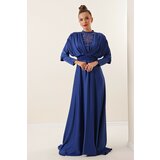 By Saygı Satin Long Dress with Gathered Sleeves, Button Detail, Lined and Beaded on the Front, Saks Cene