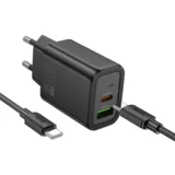 polnilec N63 GaN PD 30W USB-A, Type C s kablom Type C na Type C za Samsung - črn