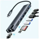 Adapter-konverter USB Tip C, 11/1, 1xUSB3.0, 3xUSB2.0, HDMI, TF, SD, Audio, RJ45, VGA, Tip C PD, Sivi