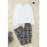 Trendyol White-Black 100% Cotton Leopard Patterned Knitted Pajama Set