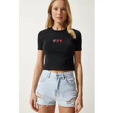 Happiness İstanbul Women's Black Heart Embroidered Crop Knitted T-Shirt